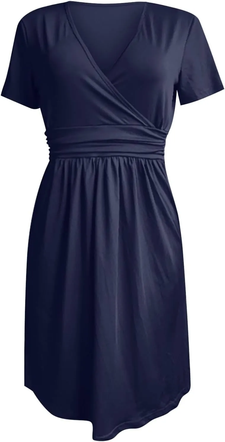 Dresses for Women 2025 Summer Short Sleeve V Neck Midi Dress Empire Waist Casual Loose Fit Vacation A Line Dress