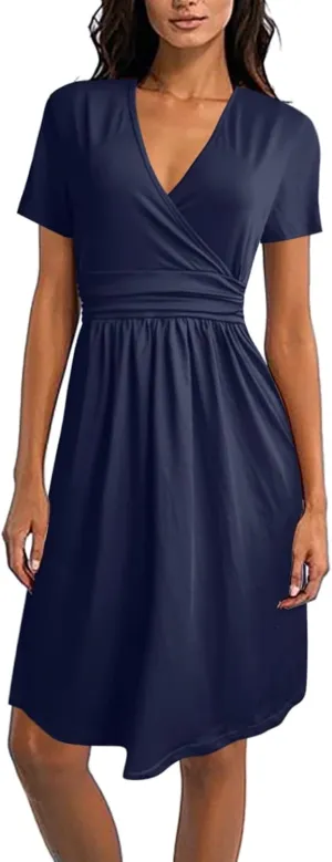 Dresses for Women 2025 Summer Short Sleeve V Neck Midi Dress Empire Waist Casual Loose Fit Vacation A Line Dress