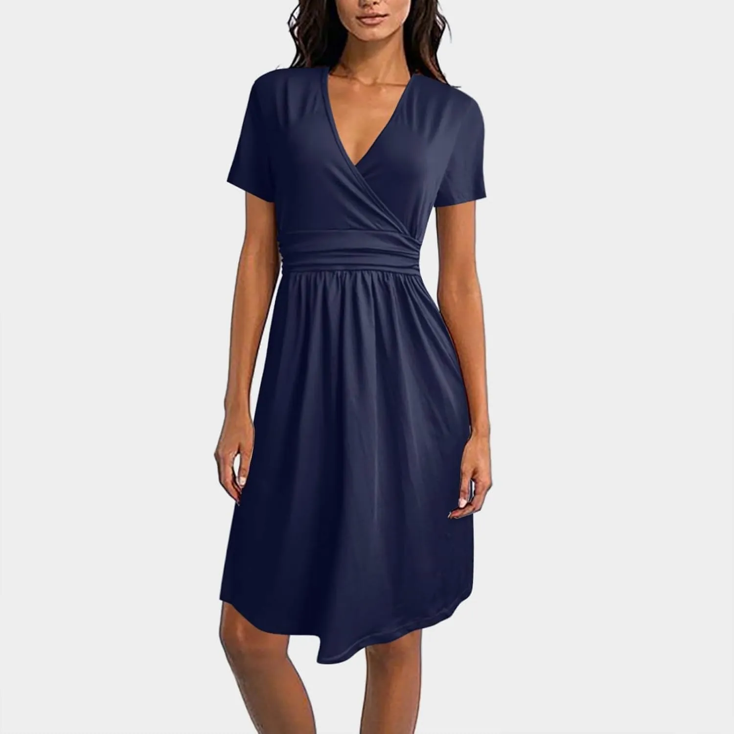 Dresses for Women 2025 Summer Short Sleeve V Neck Midi Dress Empire Waist Casual Loose Fit Vacation A Line Dress