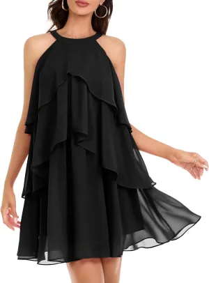 DRESSTELLS Casual Halter Ruffle Tiered Dress for Women Spring Wedding Party, Black Beach Cocktail Prom Sleeveless Aline Chiffon Short Dresses Black XL