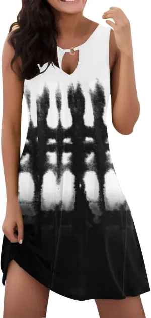 Eduavar Sundresses for Women 2024, Mini Dresses for Women Summer Floral Print Sexy Crew Neck Sleeveless Beach Mini Dress