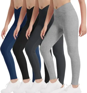 EXARUS 4 Pack Girls Leggings Kids Yoga Pants Crossover V Waist Ankle/Full Length High Waisted for School Casual Dance