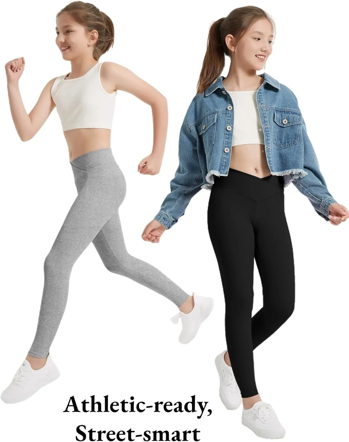 EXARUS 4 Pack Girls Leggings Kids Yoga Pants Crossover V Waist Ankle/Full Length High Waisted for School Casual Dance
