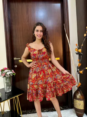 Flair Hem Boho Printed Short Dress - Vibrant Orange