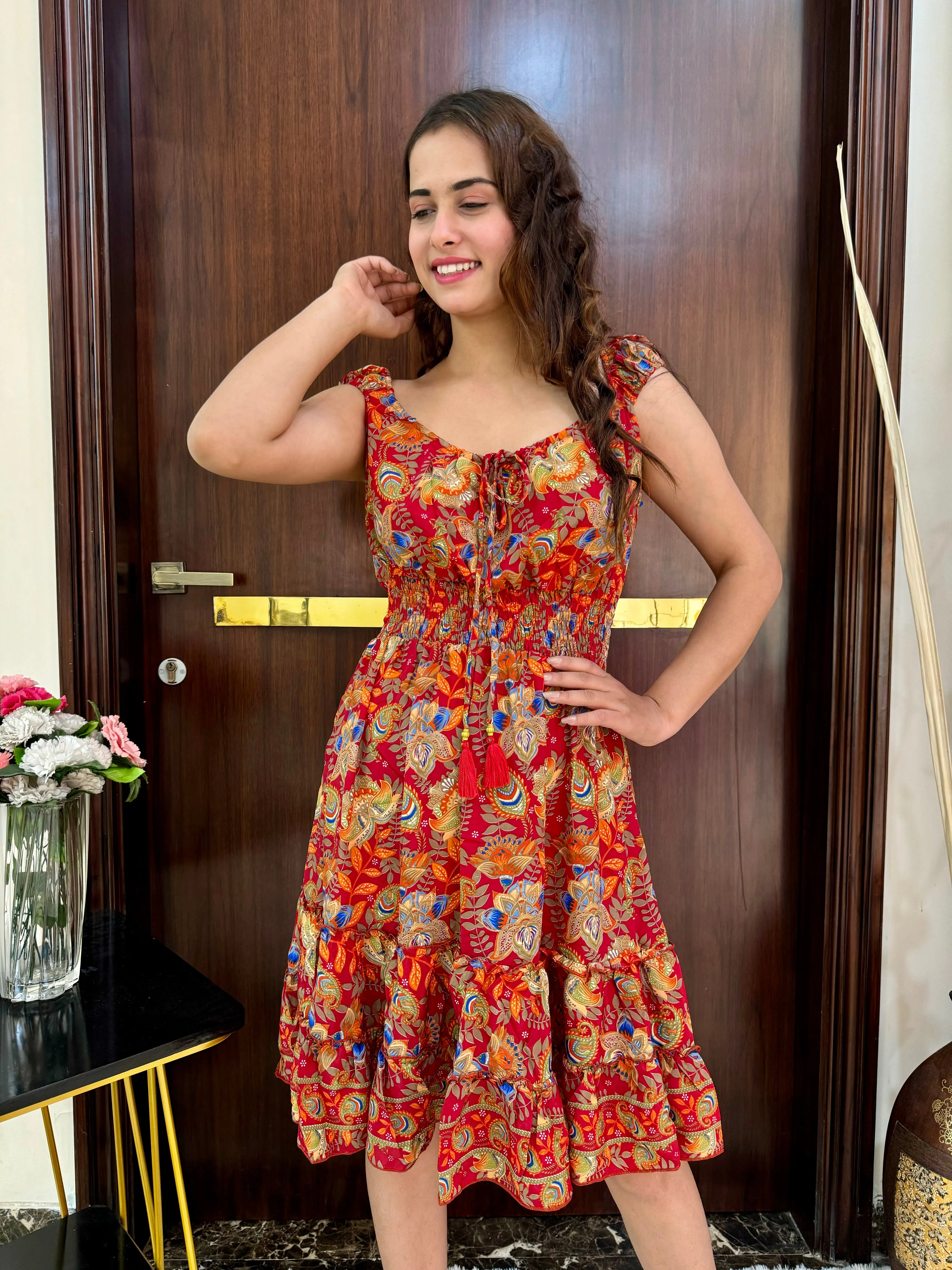 Flair Hem Boho Printed Short Dress - Vibrant Orange