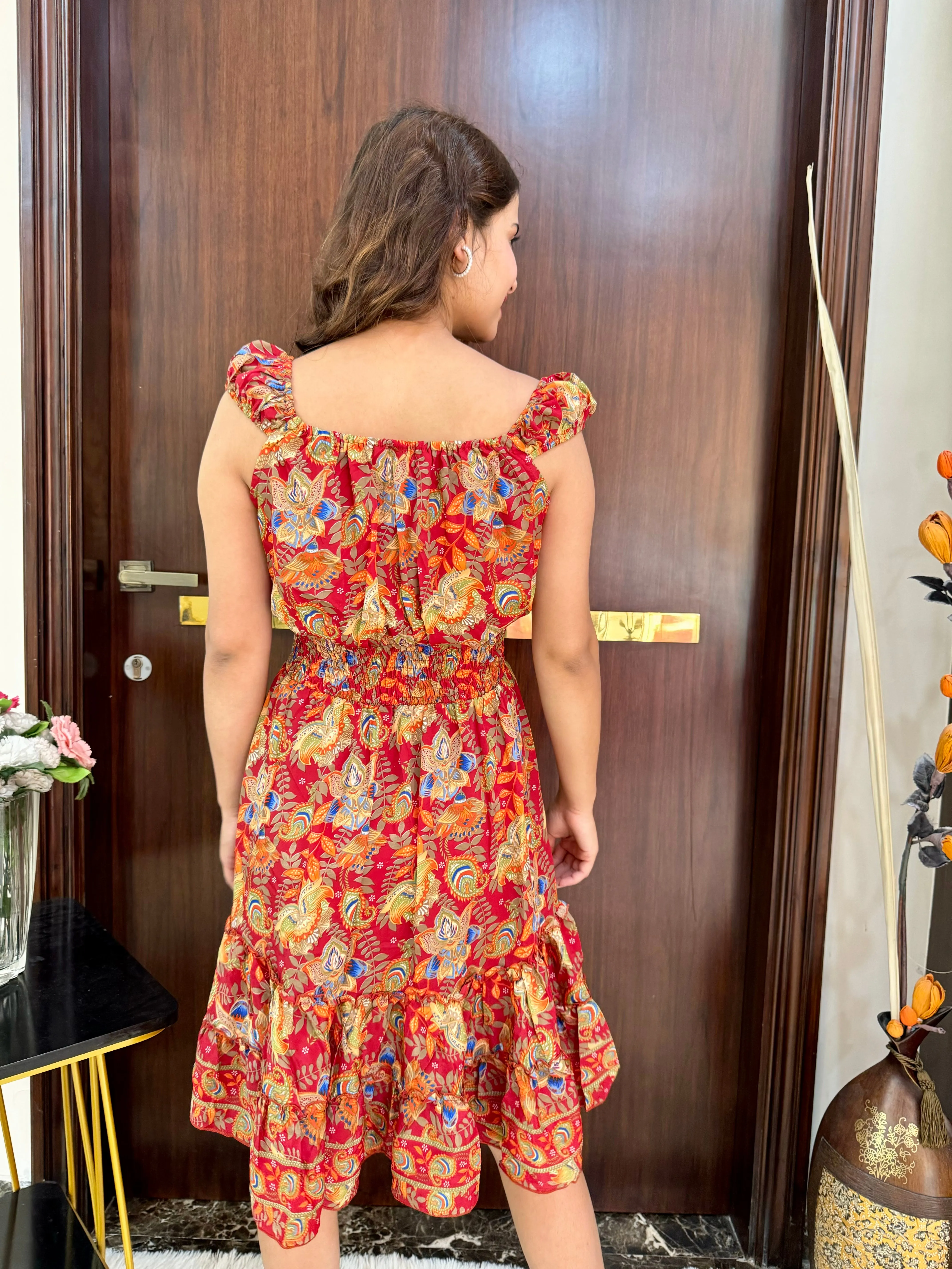 Flair Hem Boho Printed Short Dress - Vibrant Orange