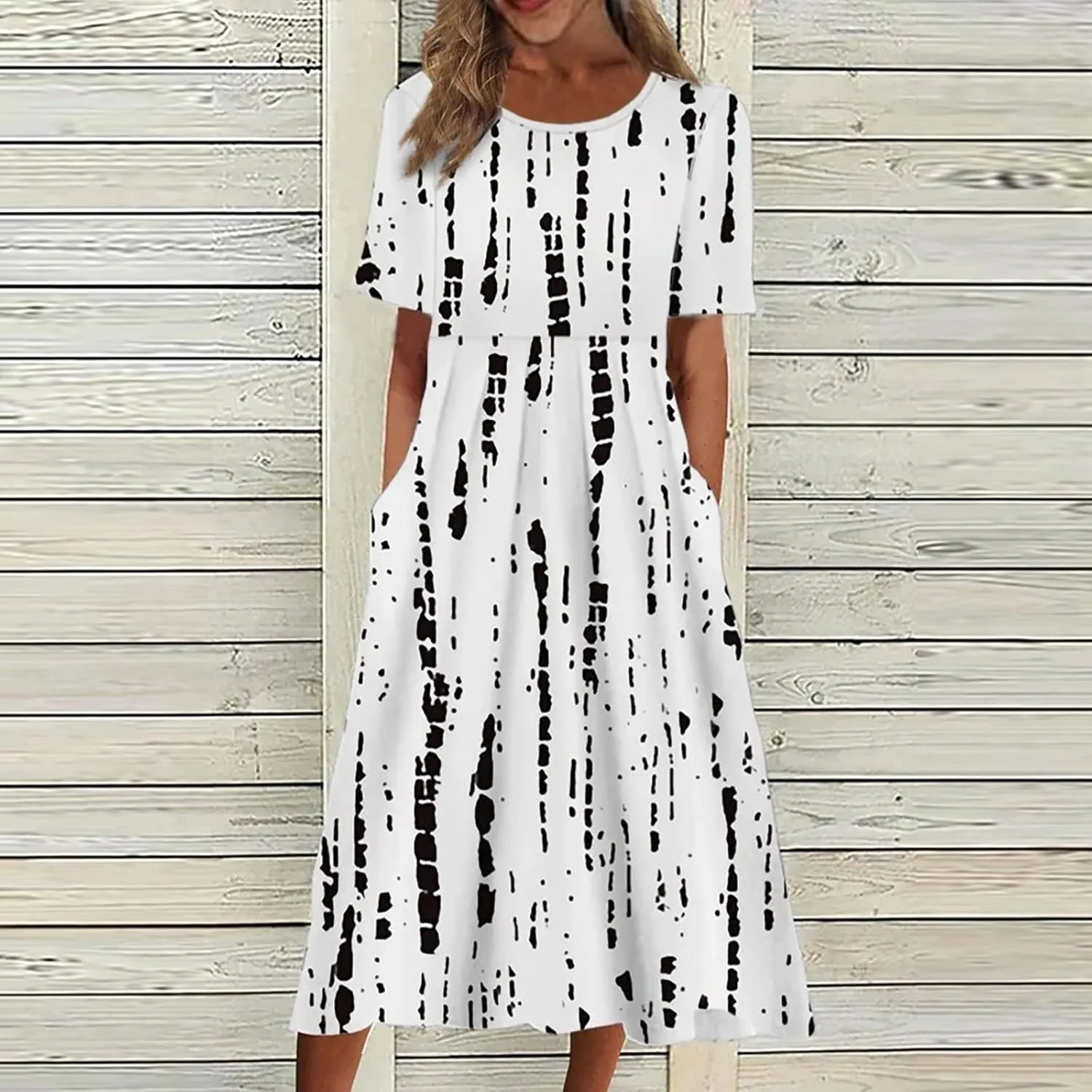 FlekmanArt Dresses for Women 2025 Short Sleeve Pocket Dresses Pleated Printed Beach Dress Round Neck Loose Maxi Dress