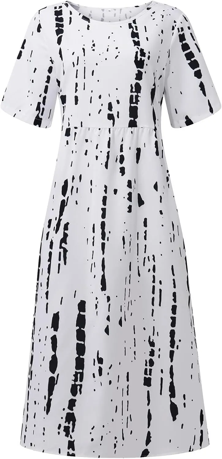 FlekmanArt Dresses for Women 2025 Short Sleeve Pocket Dresses Pleated Printed Beach Dress Round Neck Loose Maxi Dress