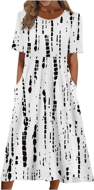 FlekmanArt Dresses for Women 2025 Short Sleeve Pocket Dresses Pleated Printed Beach Dress Round Neck Loose Maxi Dress
