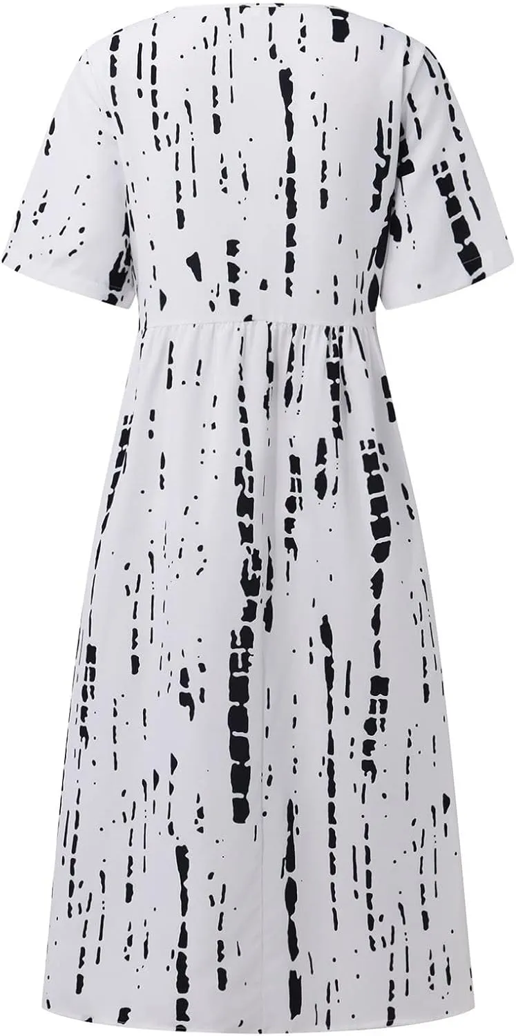FlekmanArt Dresses for Women 2025 Short Sleeve Pocket Dresses Pleated Printed Beach Dress Round Neck Loose Maxi Dress
