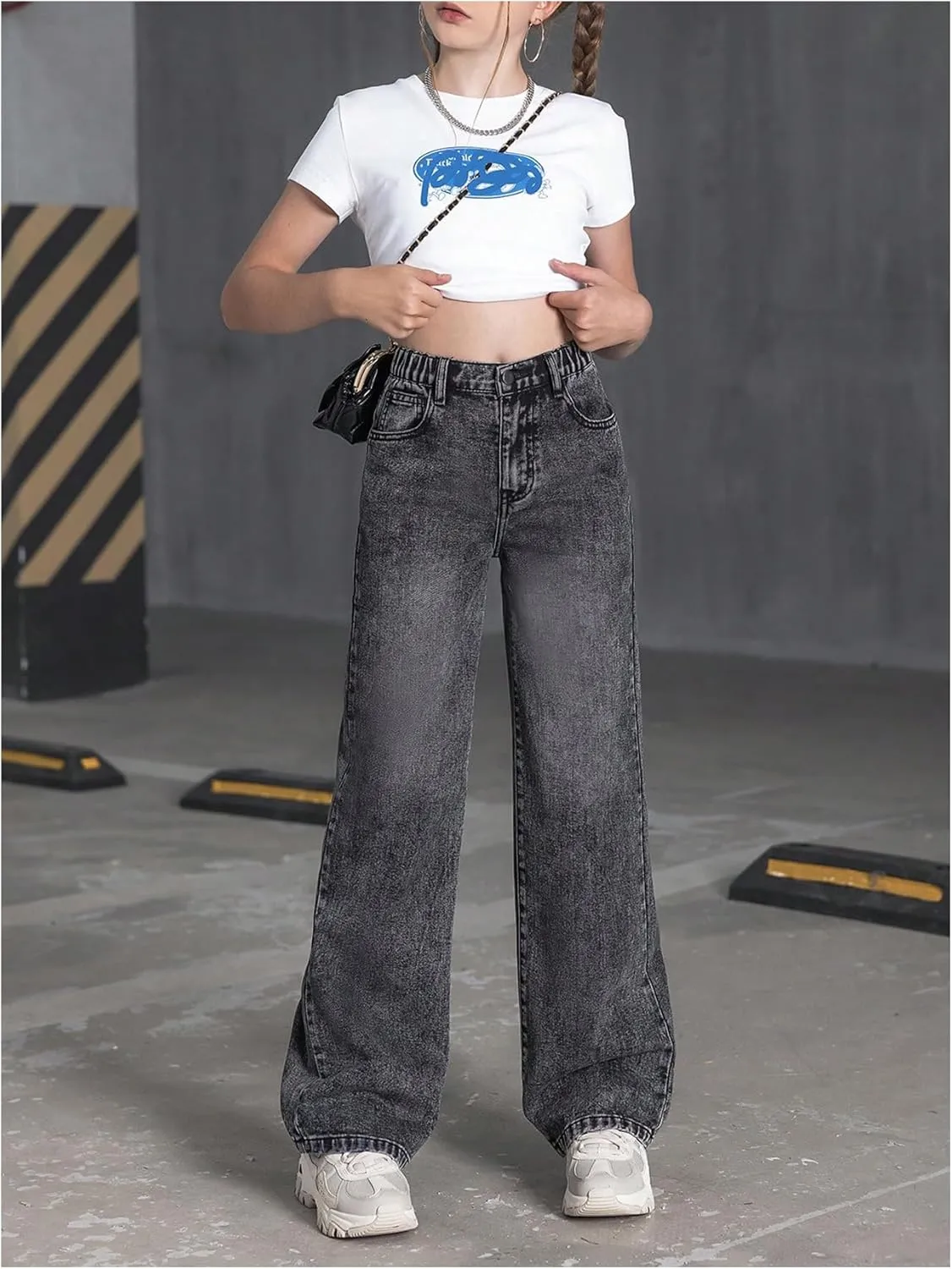 Floerns Girl's Y2k Bowknot Print Elastic Waist Jeans Wide Leg Cute Denim Pants