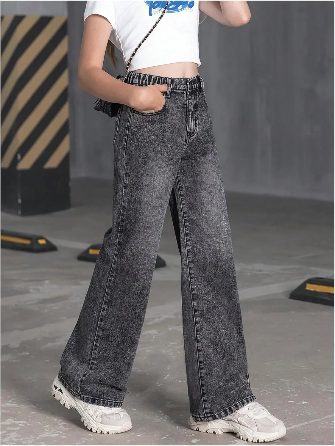 Floerns Girl's Y2k Bowknot Print Elastic Waist Jeans Wide Leg Cute Denim Pants