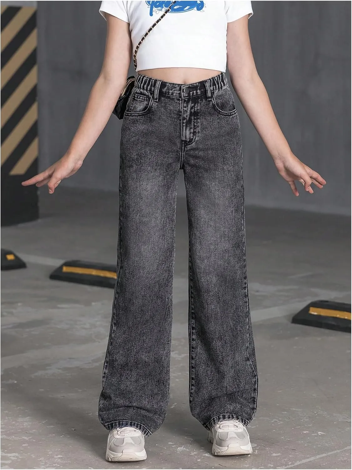 Floerns Girl's Y2k Bowknot Print Elastic Waist Jeans Wide Leg Cute Denim Pants