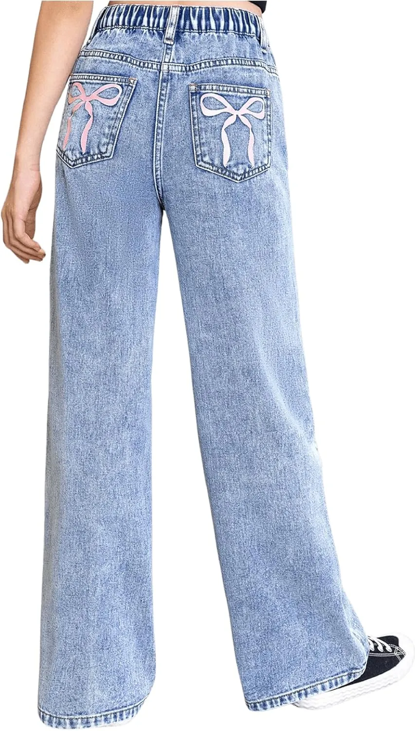 Floerns Girl's Y2k Bowknot Print Elastic Waist Jeans Wide Leg Cute Denim Pants