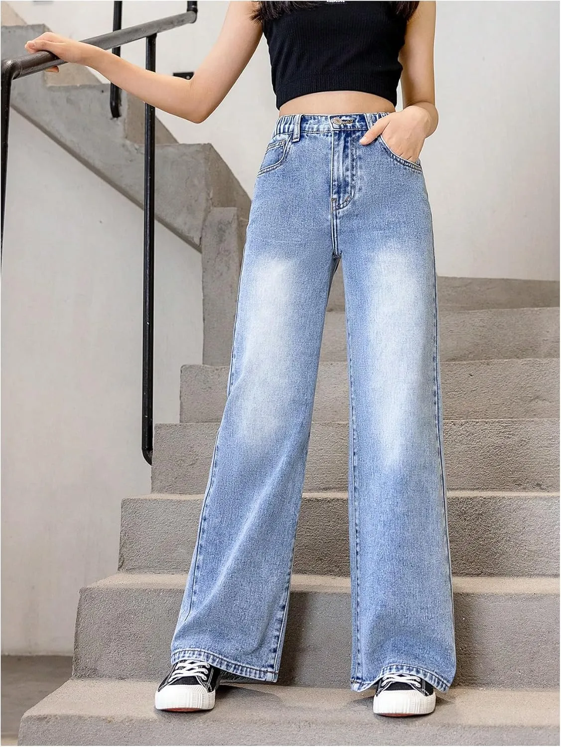 Floerns Girl's Y2k Bowknot Print Elastic Waist Jeans Wide Leg Cute Denim Pants