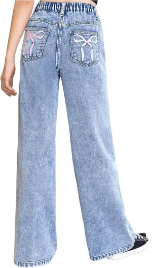 Floerns Girl's Y2k Bowknot Print Elastic Waist Jeans Wide Leg Cute Denim Pants