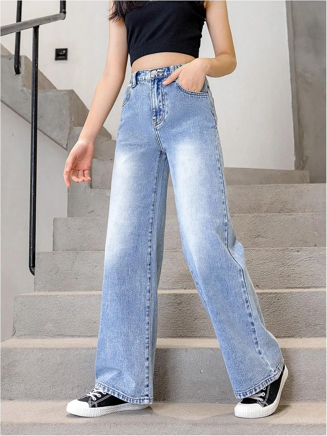 Floerns Girl's Y2k Bowknot Print Elastic Waist Jeans Wide Leg Cute Denim Pants