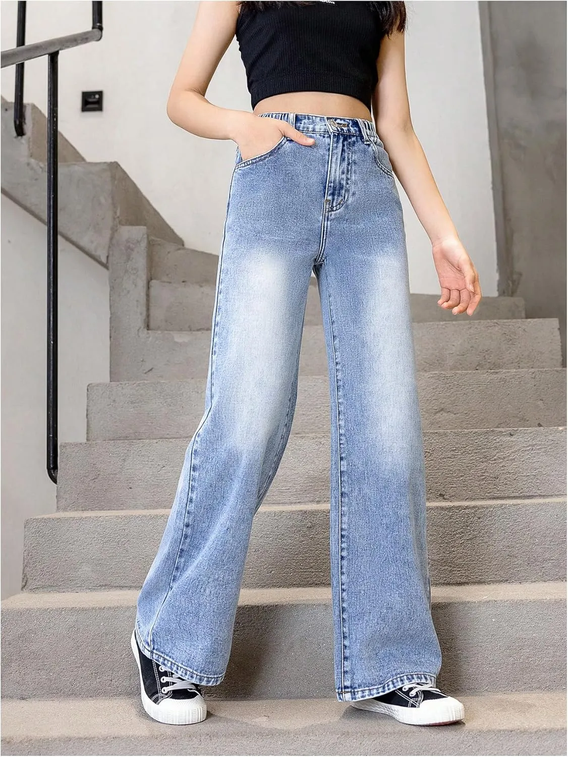 Floerns Girl's Y2k Bowknot Print Elastic Waist Jeans Wide Leg Cute Denim Pants