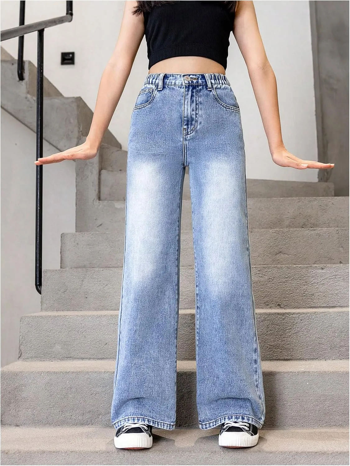 Floerns Girl's Y2k Bowknot Print Elastic Waist Jeans Wide Leg Cute Denim Pants