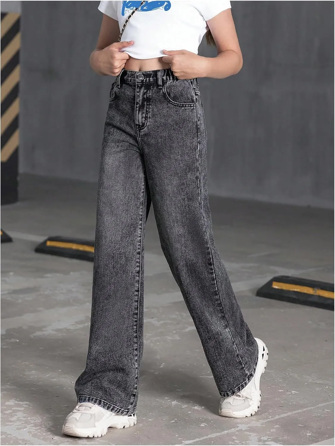 Floerns Girl's Y2k Bowknot Print Elastic Waist Jeans Wide Leg Cute Denim Pants
