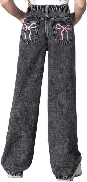 Floerns Girl's Y2k Bowknot Print Elastic Waist Jeans Wide Leg Cute Denim Pants