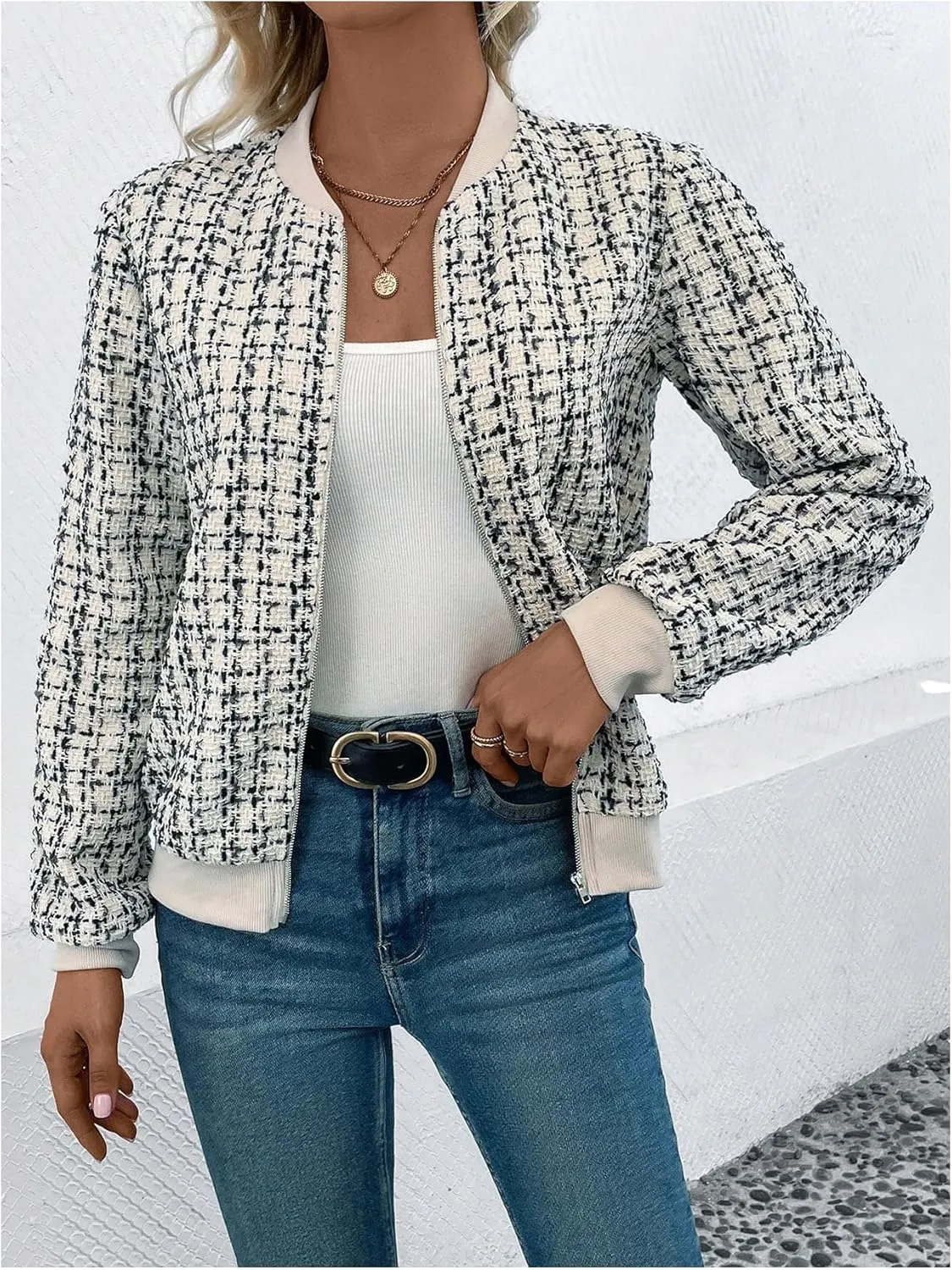 Floerns Women's Plaid Print Zip Up Bomber Jacket Casual Long Sleeve Coat Outwear
