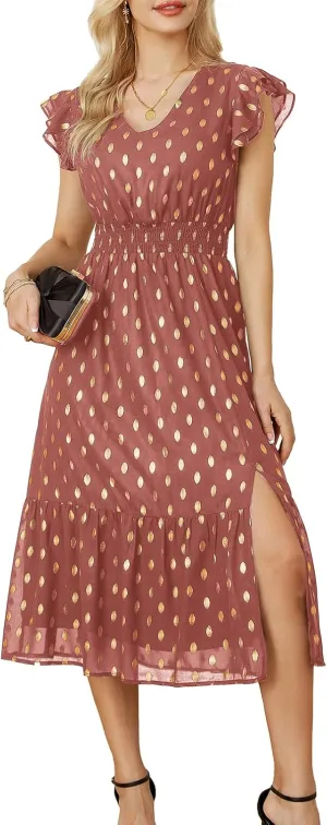 GRACE KARIN Women's V Neck Ruffle Sleeve Summer Dress 2025 Split Flowy Tiered Midi Dress Wedding Guest Cocktail Dresses