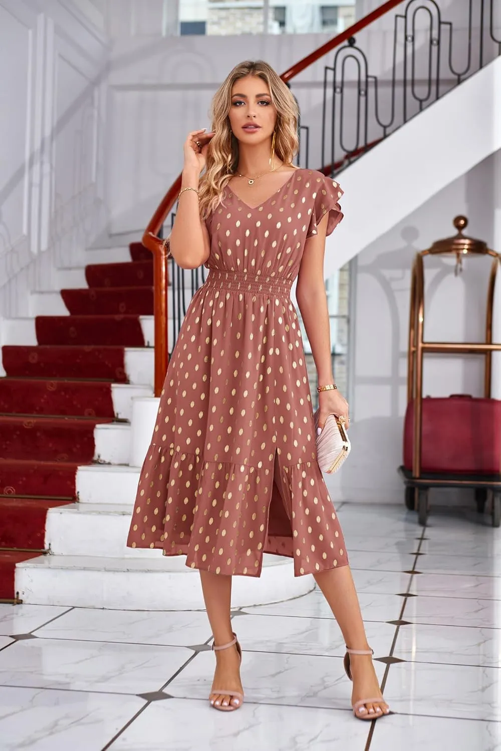 GRACE KARIN Women's V Neck Ruffle Sleeve Summer Dress 2025 Split Flowy Tiered Midi Dress Wedding Guest Cocktail Dresses