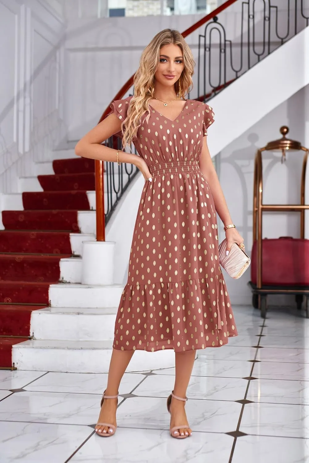GRACE KARIN Women's V Neck Ruffle Sleeve Summer Dress 2025 Split Flowy Tiered Midi Dress Wedding Guest Cocktail Dresses