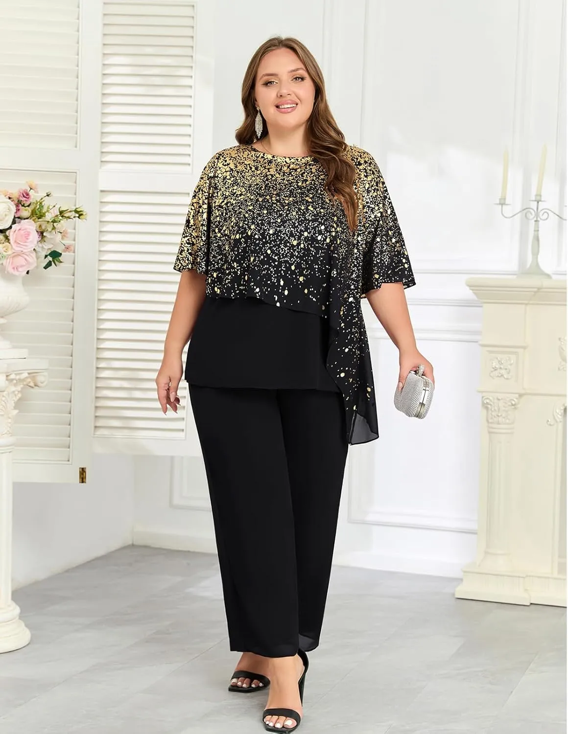 Hanna Nikole 2025 Plus Size Mother of Bride Pant Suits 2 Piece Ruffle Layers Chiffon Sets Hot Stamping Wedding Guest Outfit