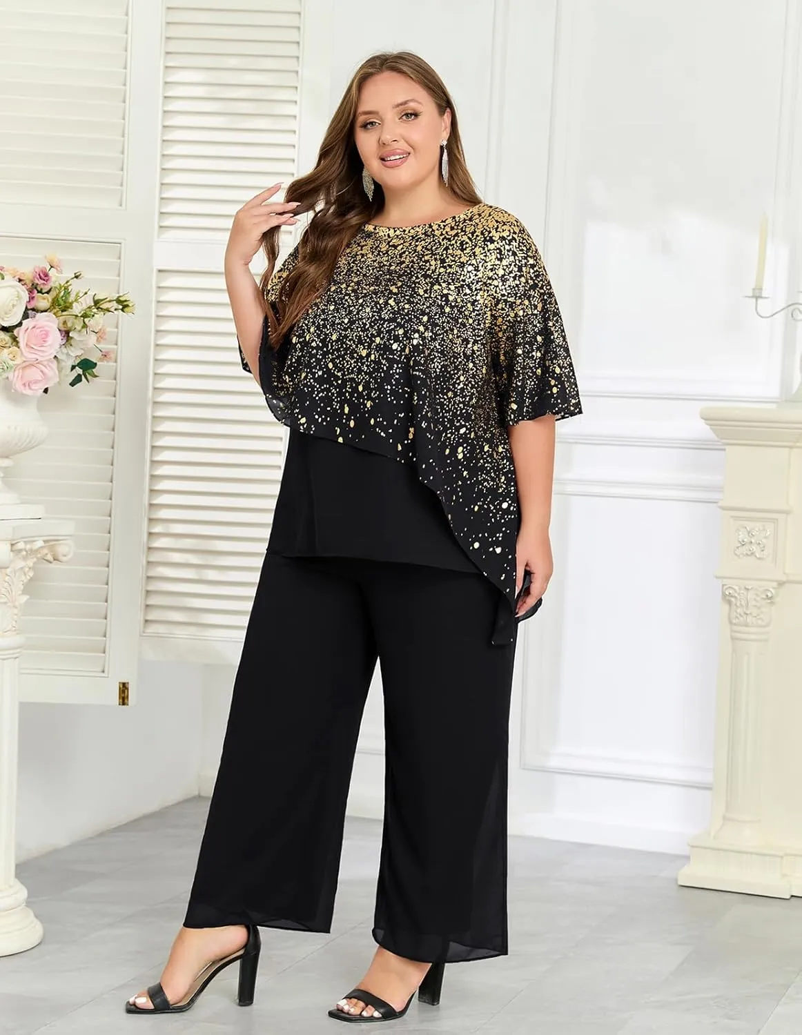 Hanna Nikole 2025 Plus Size Mother of Bride Pant Suits 2 Piece Ruffle Layers Chiffon Sets Hot Stamping Wedding Guest Outfit