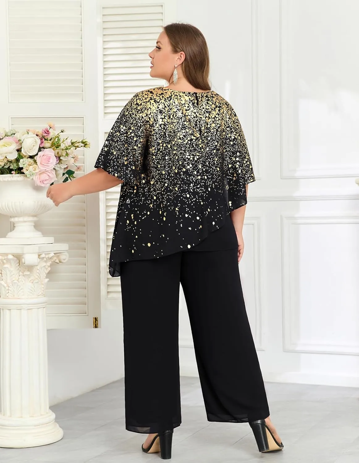 Hanna Nikole 2025 Plus Size Mother of Bride Pant Suits 2 Piece Ruffle Layers Chiffon Sets Hot Stamping Wedding Guest Outfit