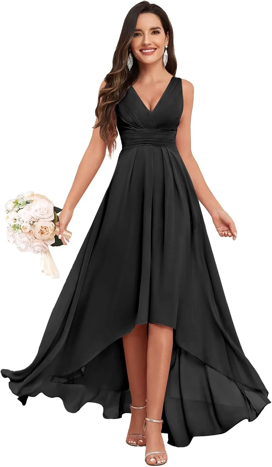 High Low Bridesmaid Dresses for Women Wedding V Neck Chiffon Ruched Evening Formal Dress with Pockets