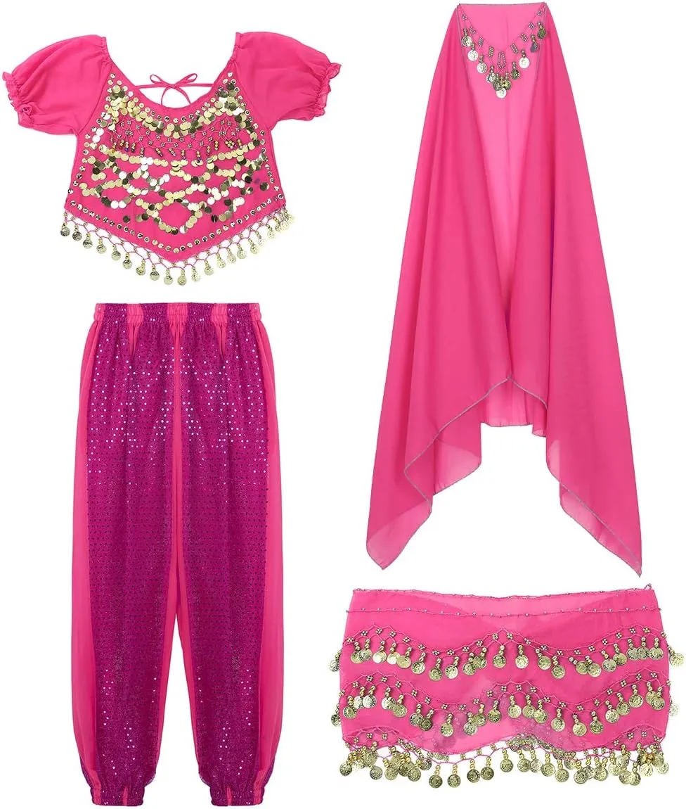 India Belly Dance Costume for Womens Sequin Top Harem Pants Hip Scarf Bollywood Fancy Dress Outfits