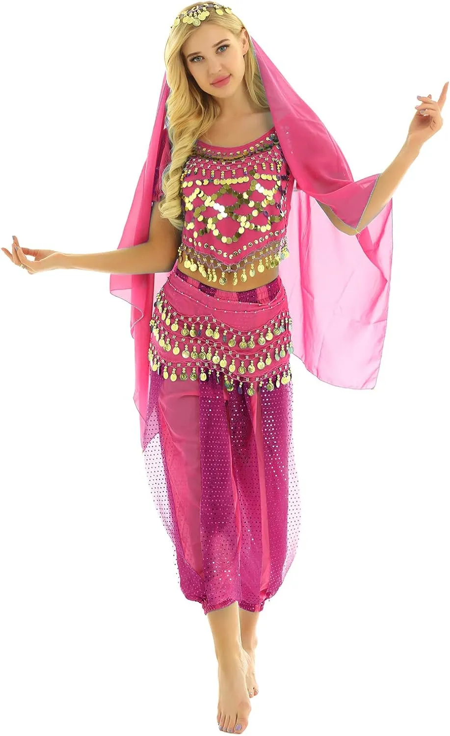 India Belly Dance Costume for Womens Sequin Top Harem Pants Hip Scarf Bollywood Fancy Dress Outfits
