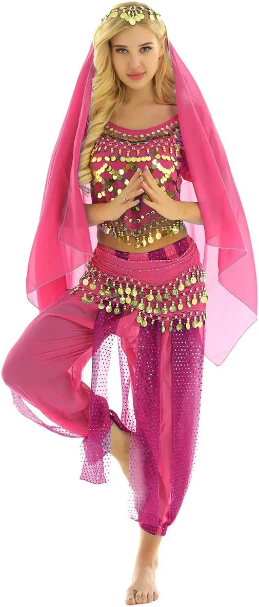 India Belly Dance Costume for Womens Sequin Top Harem Pants Hip Scarf Bollywood Fancy Dress Outfits