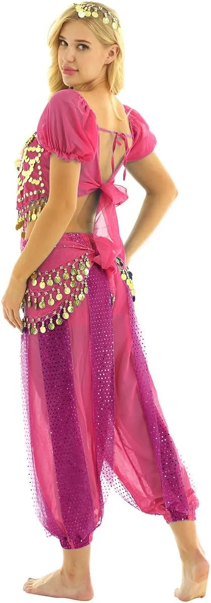 India Belly Dance Costume for Womens Sequin Top Harem Pants Hip Scarf Bollywood Fancy Dress Outfits