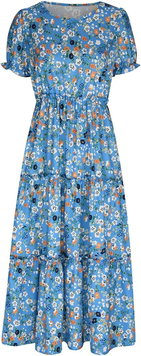 JOAU Summer Casual Boho Floral Dress Women 2024 Puff Sleeve Long Maxi Dresses Tiered Swing Flowy Ruffle Beach Dress