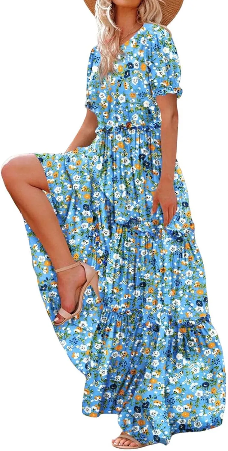JOAU Summer Casual Boho Floral Dress Women 2024 Puff Sleeve Long Maxi Dresses Tiered Swing Flowy Ruffle Beach Dress