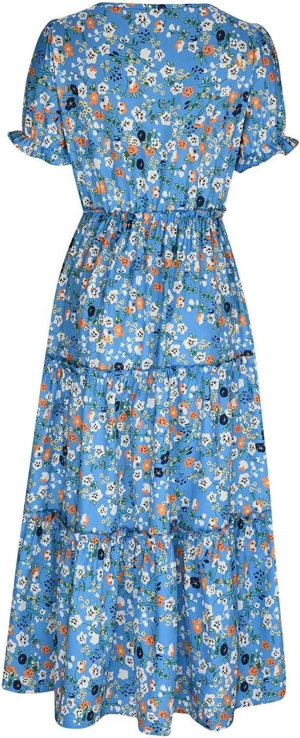 JOAU Summer Casual Boho Floral Dress Women 2024 Puff Sleeve Long Maxi Dresses Tiered Swing Flowy Ruffle Beach Dress