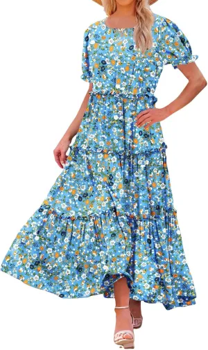JOAU Summer Casual Boho Floral Dress Women 2024 Puff Sleeve Long Maxi Dresses Tiered Swing Flowy Ruffle Beach Dress