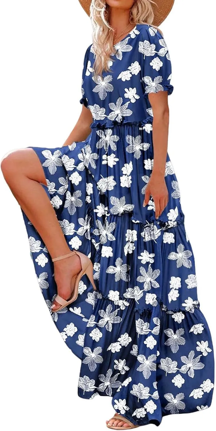 JOAU Summer Casual Boho Floral Dress Women 2024 Puff Sleeve Long Maxi Dresses Tiered Swing Flowy Ruffle Beach Dress