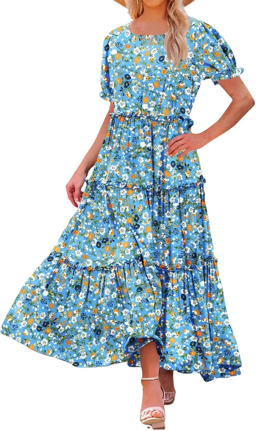 JOAU Summer Casual Boho Floral Dress Women 2024 Puff Sleeve Long Maxi Dresses Tiered Swing Flowy Ruffle Beach Dress