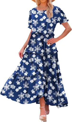 JOAU Summer Casual Boho Floral Dress Women 2024 Puff Sleeve Long Maxi Dresses Tiered Swing Flowy Ruffle Beach Dress