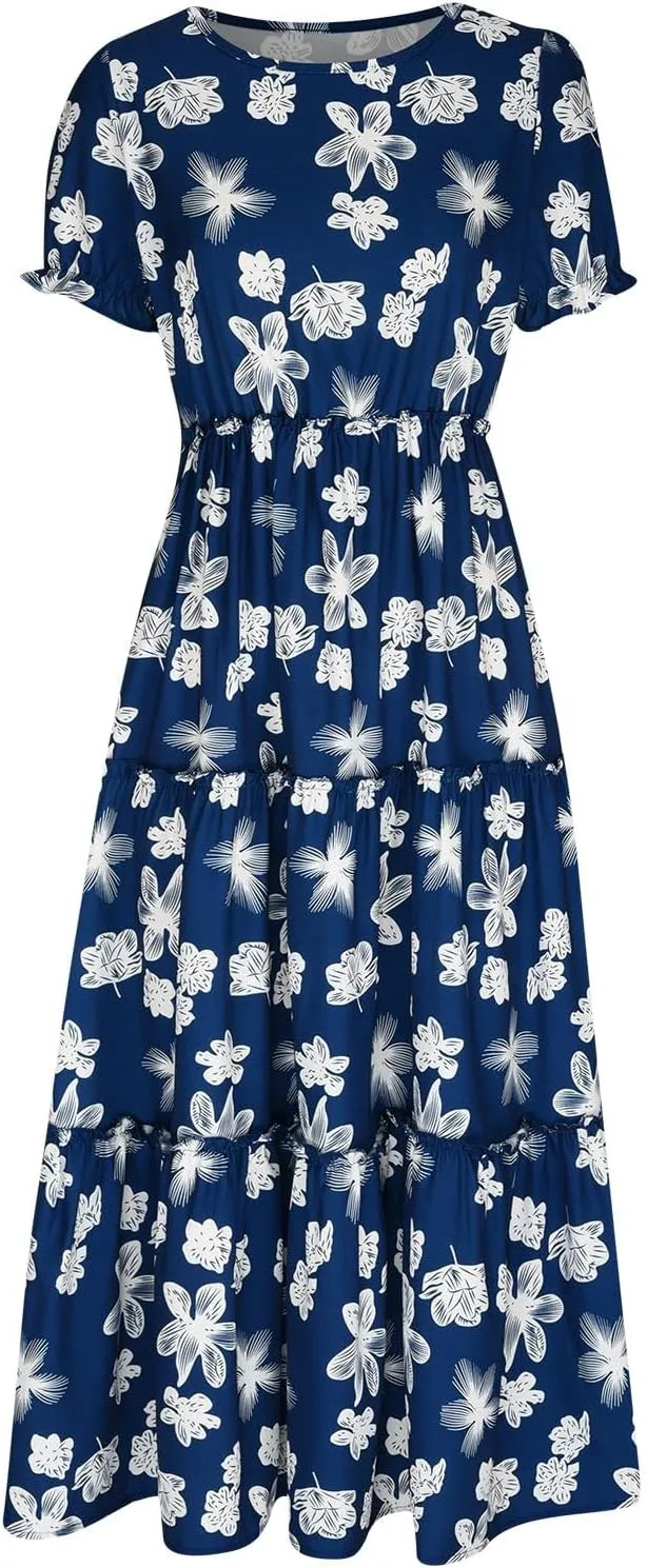 JOAU Summer Casual Boho Floral Dress Women 2024 Puff Sleeve Long Maxi Dresses Tiered Swing Flowy Ruffle Beach Dress