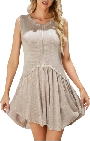JOAU Women Sleeveless Summer Dress 2024 Crewneck Ribbed Knit Ruffle Hem Swing Sundress Casual Beach Mini Tank Short Dresses