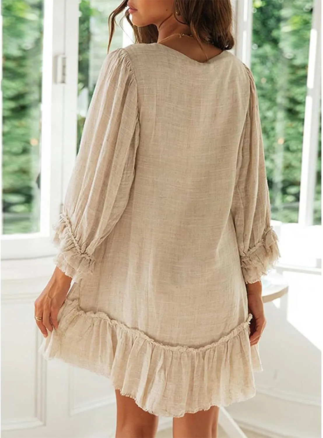 JOAU Women's 2024 Summer Mini Dress Casual V Neck 3/4 Puff Sleeve Button Dresses Loose Flowy Tiered Ruffle Hem Pleated Dress