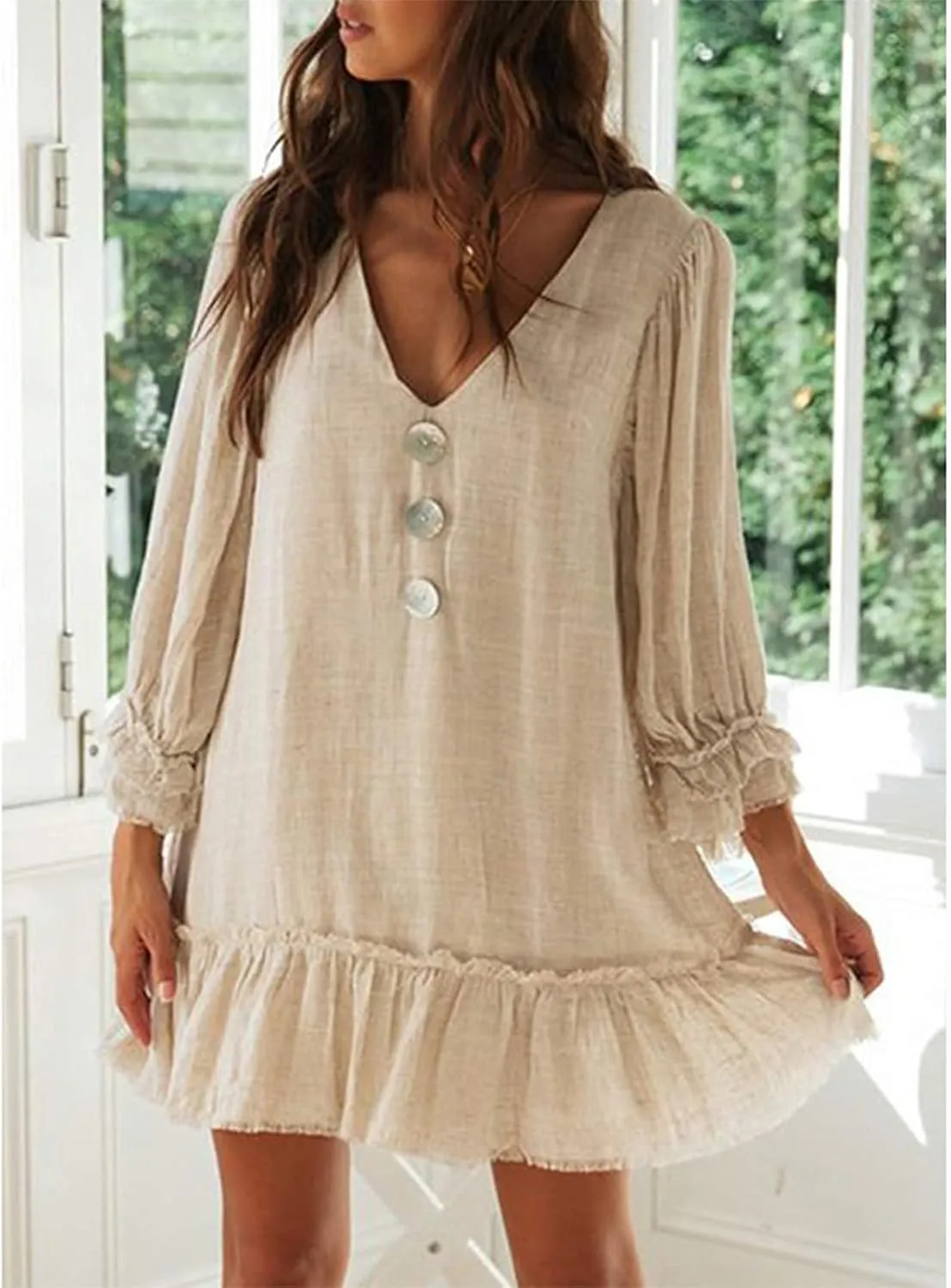 JOAU Women's 2024 Summer Mini Dress Casual V Neck 3/4 Puff Sleeve Button Dresses Loose Flowy Tiered Ruffle Hem Pleated Dress