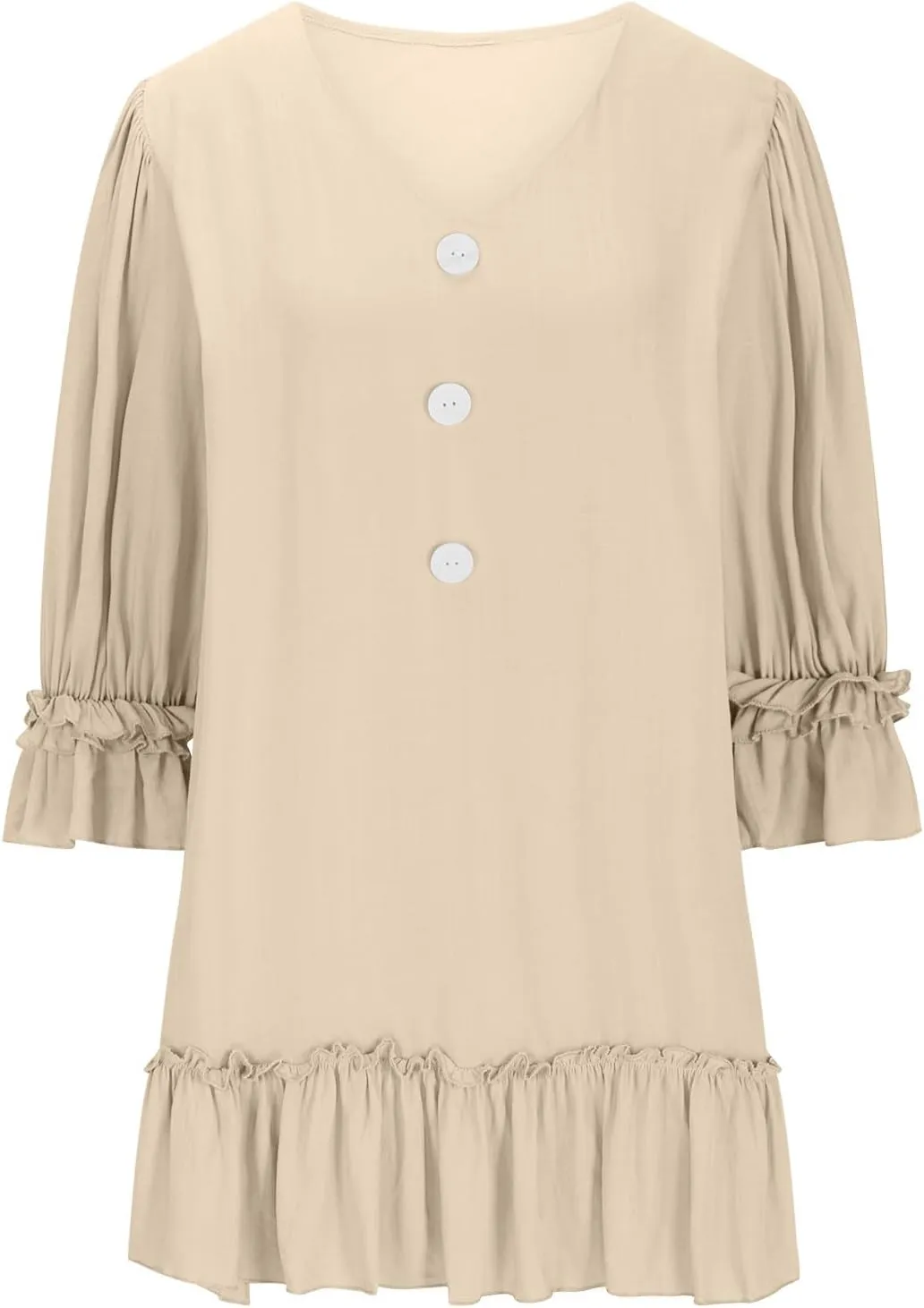 JOAU Women's 2024 Summer Mini Dress Casual V Neck 3/4 Puff Sleeve Button Dresses Loose Flowy Tiered Ruffle Hem Pleated Dress