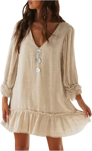 JOAU Women's 2024 Summer Mini Dress Casual V Neck 3/4 Puff Sleeve Button Dresses Loose Flowy Tiered Ruffle Hem Pleated Dress